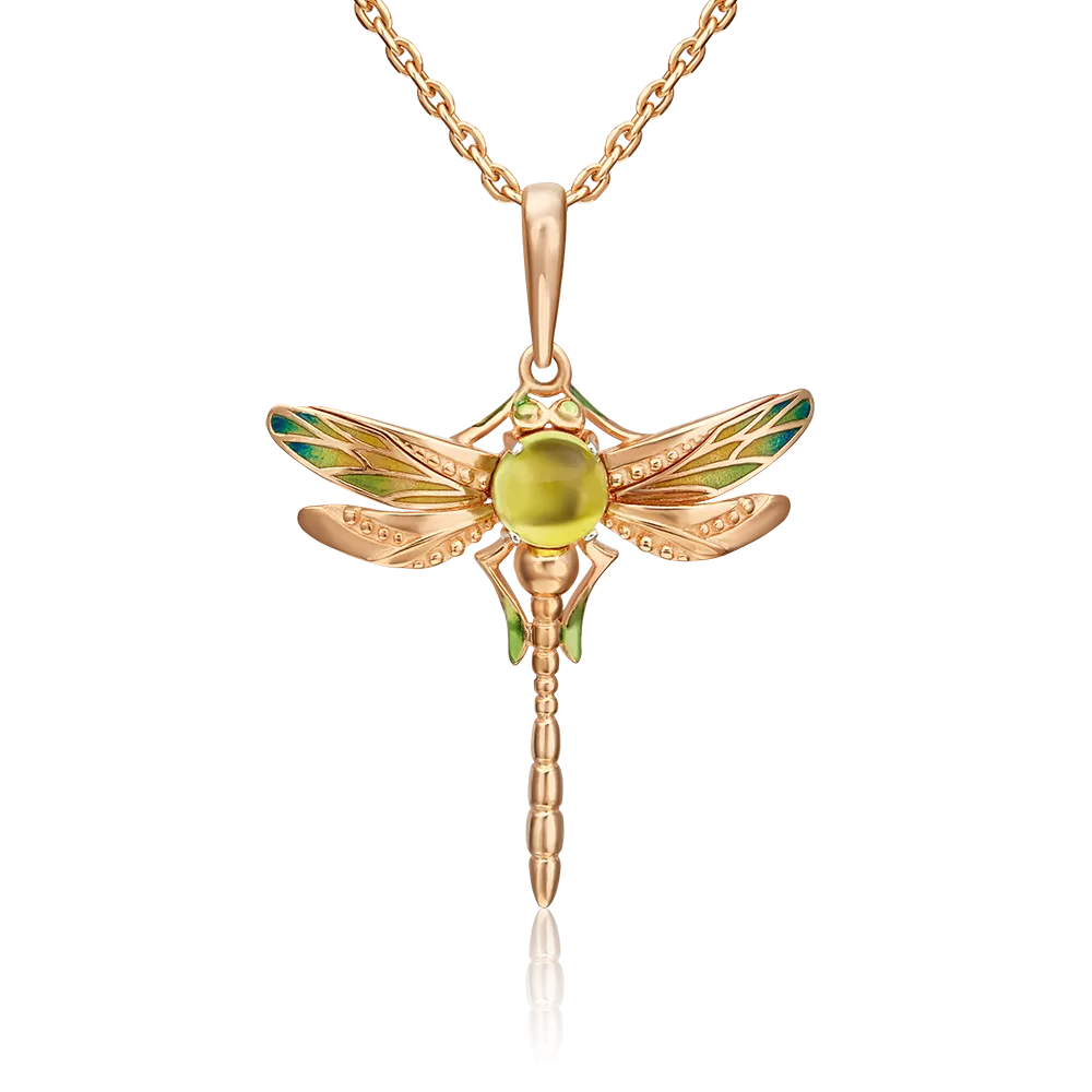 Подвеска «Стрекоза» из красного золота с хризолитом и эмалью 03-3211-00-205-1110-57