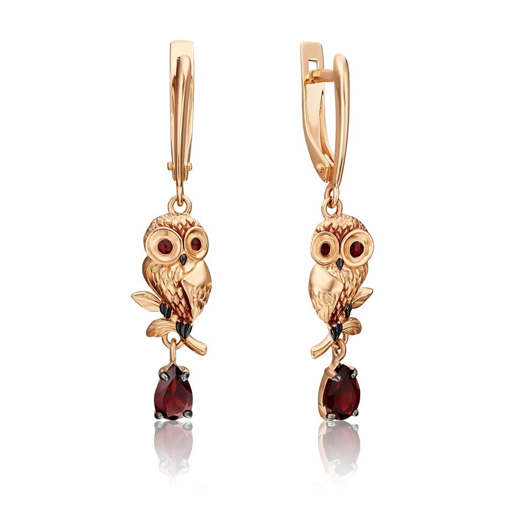 Серьги «Совята» с английским замком из красного золота с гранатом и эмалью 02-4692-00-204-1110-57