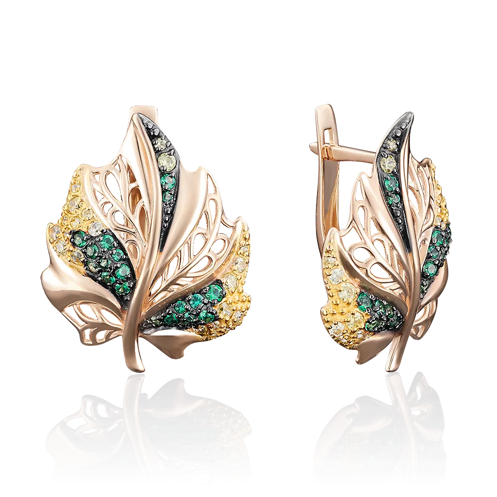 Серьги «Листья» с английским замком из красного золота с фианитами 02-3724-00-404-1110-32