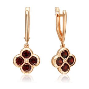 Серьги «Клевер» с английским замком из красного золота с гранатами