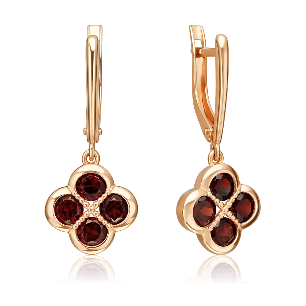 Серьги «Клевер» с английским замком из красного золота с гранатами 02-5543-00-204-1110