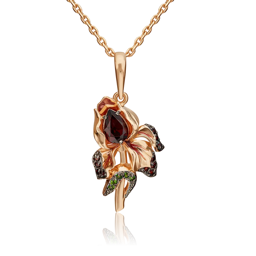 Подвеска «Ирис» из красного золота с гранатами, хромдиопсидами и эмалью 03-3151-00-706-1110-57
