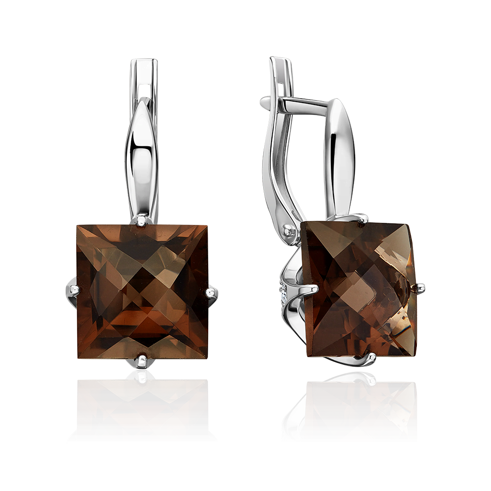 Серьги с английским замком из серебра с кварцем дымчатым и фианитами 02-2298-00-208-0200