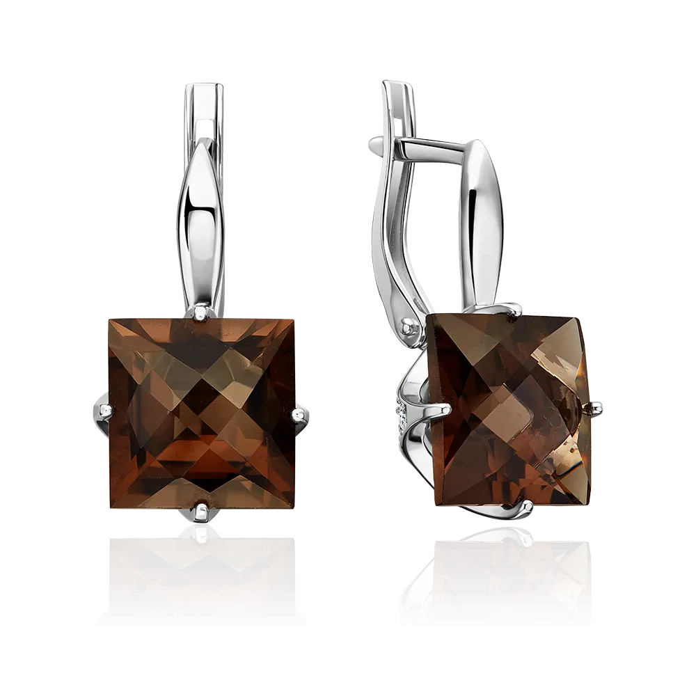 Серьги с английским замком из серебра с кварцем дымчатым и фианитами 02-2298-00-208-0200