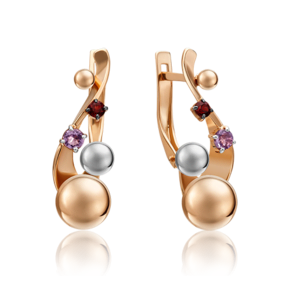 Серьги «Кометы» с английским замком из комбинированного золота с аметистом и гранатом 02-4771-00-257-1111-75