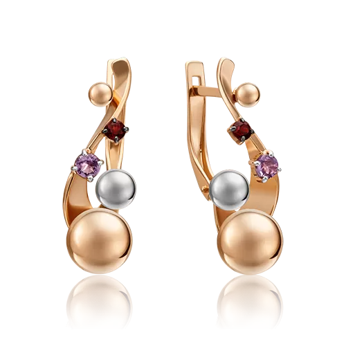 Серьги «Кометы» с английским замком из комбинированного золота с аметистом и гранатом 02-4771-00-257-1111-75