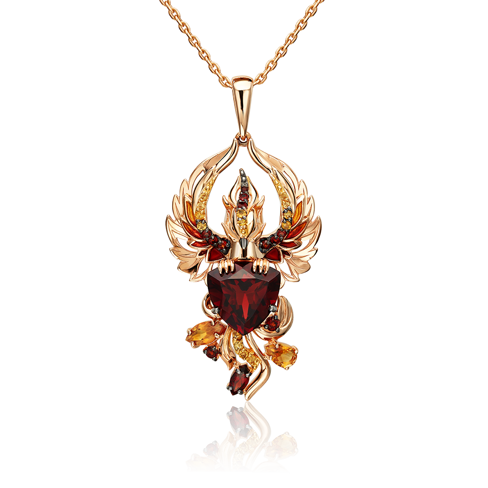 Подвеска «Феникс» из красного золота с гранатами, цитринами и эмалью 03-3485-00-722-1110
