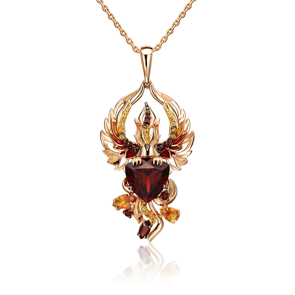 Подвеска «Феникс» из красного золота с гранатами, цитринами и эмалью 03-3485-00-722-1110