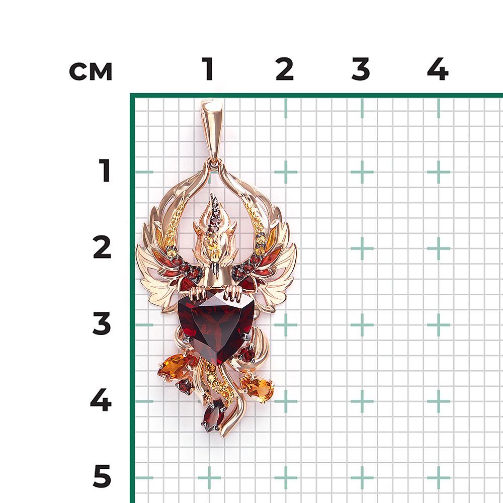 Подвеска «Феникс» из красного золота с гранатами, цитринами и эмалью 03-3485-00-722-1110