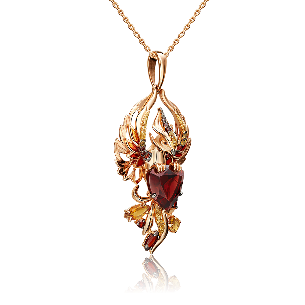 Подвеска «Феникс» из красного золота с гранатами, цитринами и эмалью 03-3485-00-722-1110