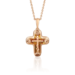 Православный крест из красного золота с янтарём и эмалью 03-2667-00-271-1110-46