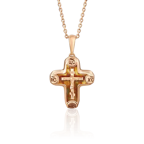 Православный крест из красного золота с янтарём и эмалью 03-2667-00-271-1110-46