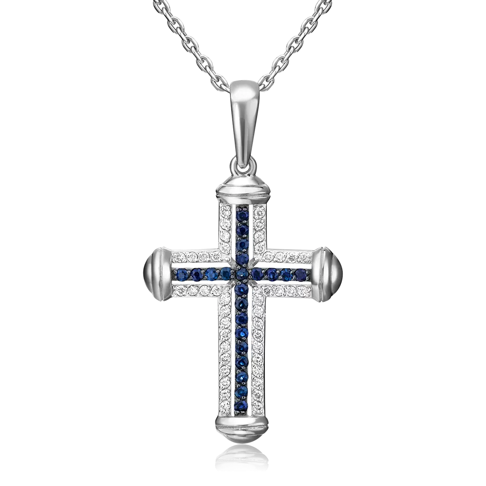 Декоративный крест из белого золота с сапфирами и бриллиантами 03-0447-00-105-1120-30