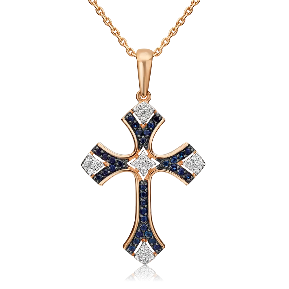 Декоративный крест из красного золота с сапфирами и бриллиантами 03-0452-00-105-1110-30