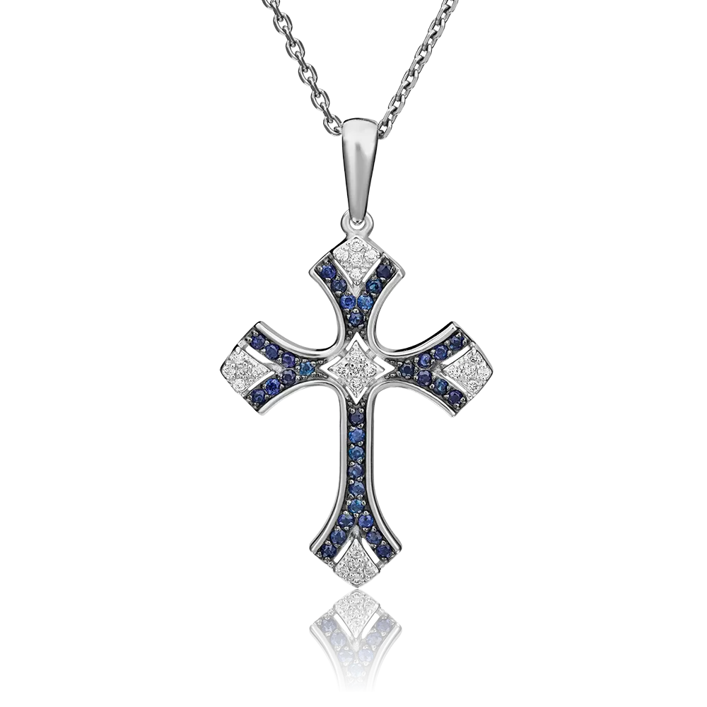 Декоративный крест из белого золота с сапфирами и бриллиантами 03-0453-00-105-1120-30