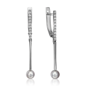 Серьги с английским замком из белого золота с жемчугом культивированным и фианитами 02-4381-00-302-1120-31