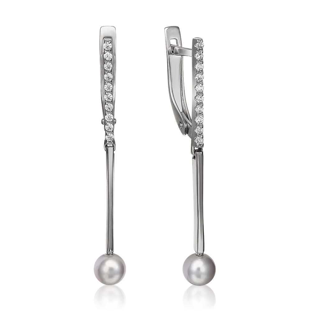 Серьги с английским замком из белого золота с жемчугом культивированным и фианитами 02-4381-00-302-1120-31