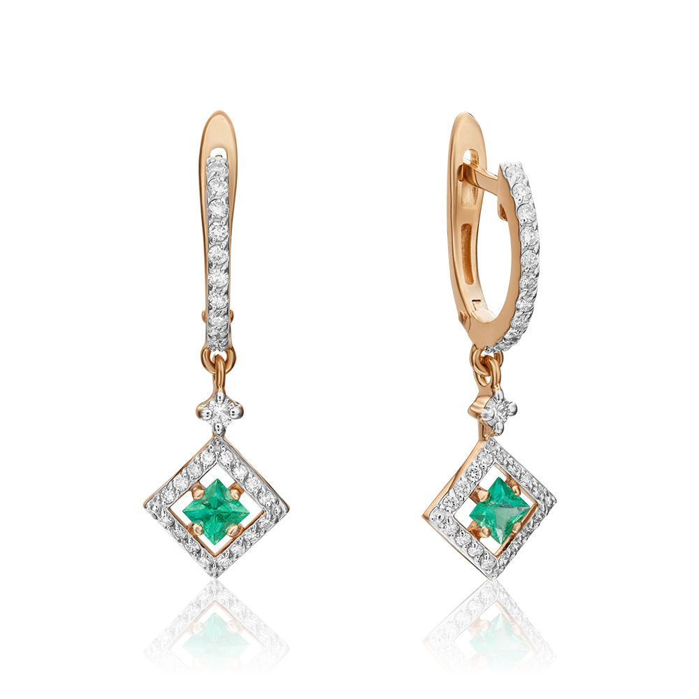 Серьги с английским замком из красного золота с изумрудом и бриллиантами 02-0842-00-106-1110-30