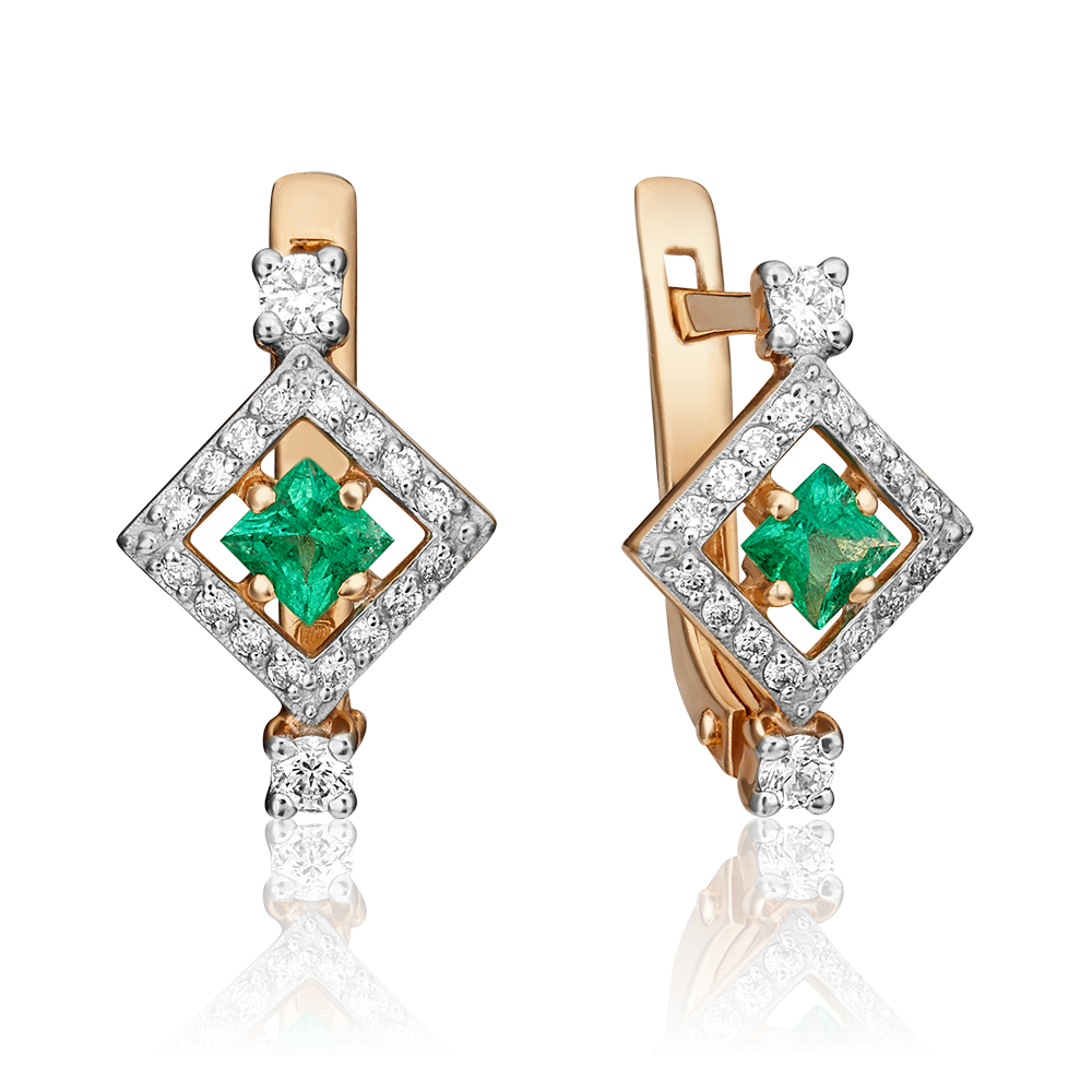 Серьги с английским замком из красного золота с изумрудом и бриллиантами 02-0843-00-106-1110-30