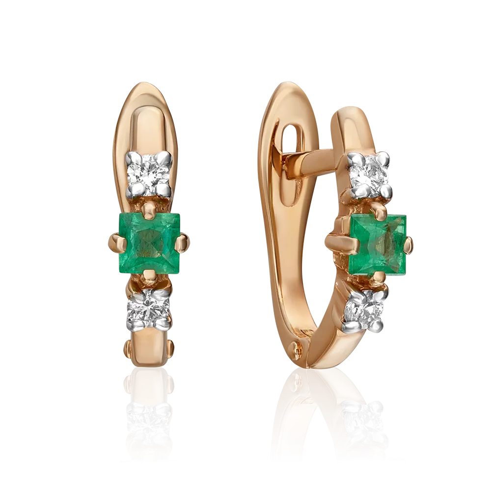 Серьги с английским замком из красного золота с изумрудом и бриллиантами 02-0844-00-106-1110-30