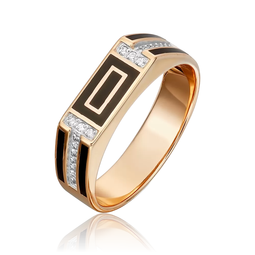 Печатка из красного золота с фианитами и эмалью 01-4133-00-401-1110-25