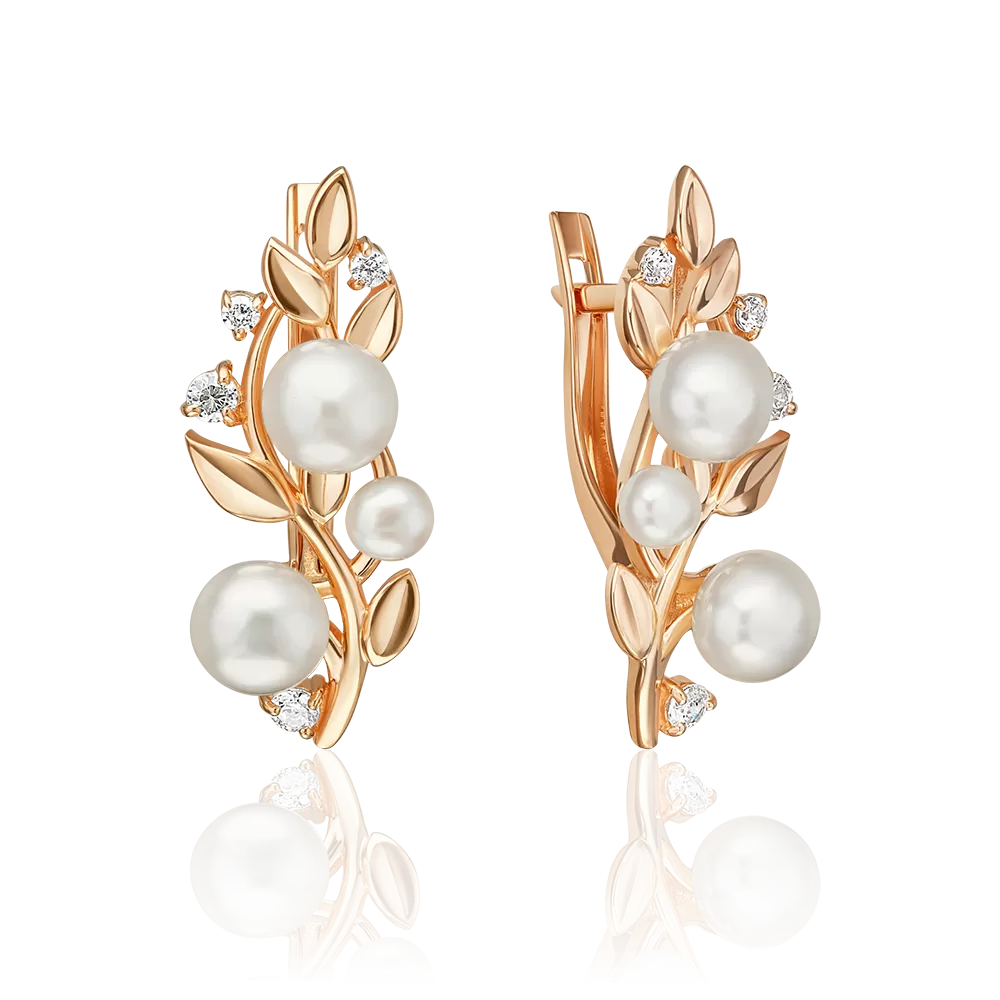 Серьги «Снежные ягоды» с английским замком из красного золота с жемчугом культивированным и фианитами 02-5601-00-302-1110