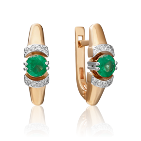 Серьги с английским замком из красного золота с изумрудом и бриллиантами
