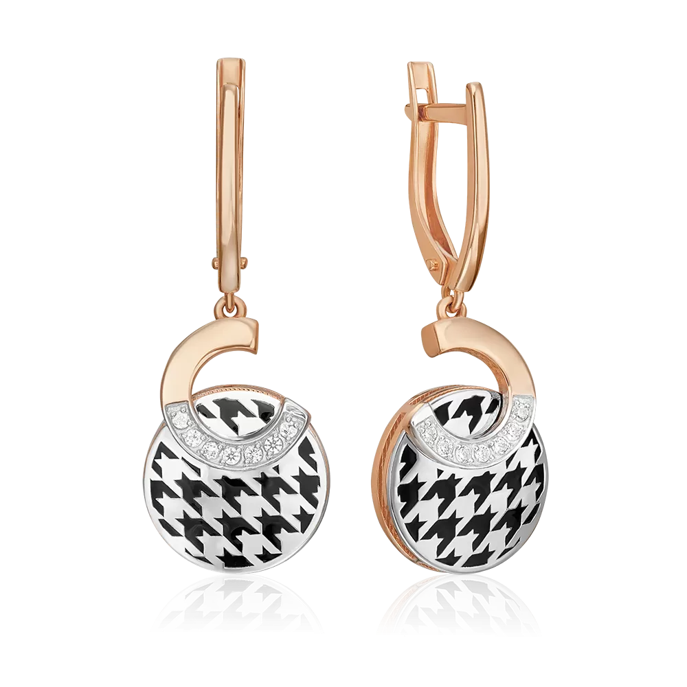 Серьги с принтом «Гусиная лапка» из комбинированного золота с фианитами и эмалью 02-5200-00-401-1111