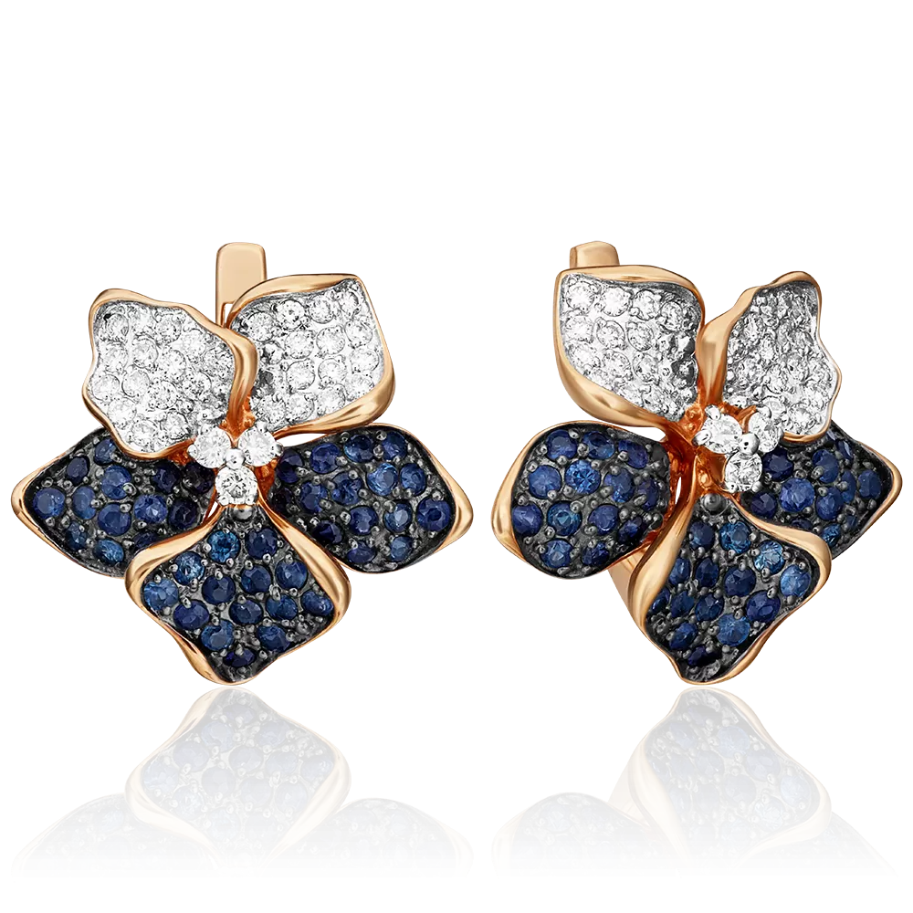 Серьги «Анютины глазки» с английским замком из красного золота с бриллиантами и сапфирами 02-0783-00-105-1110-30
