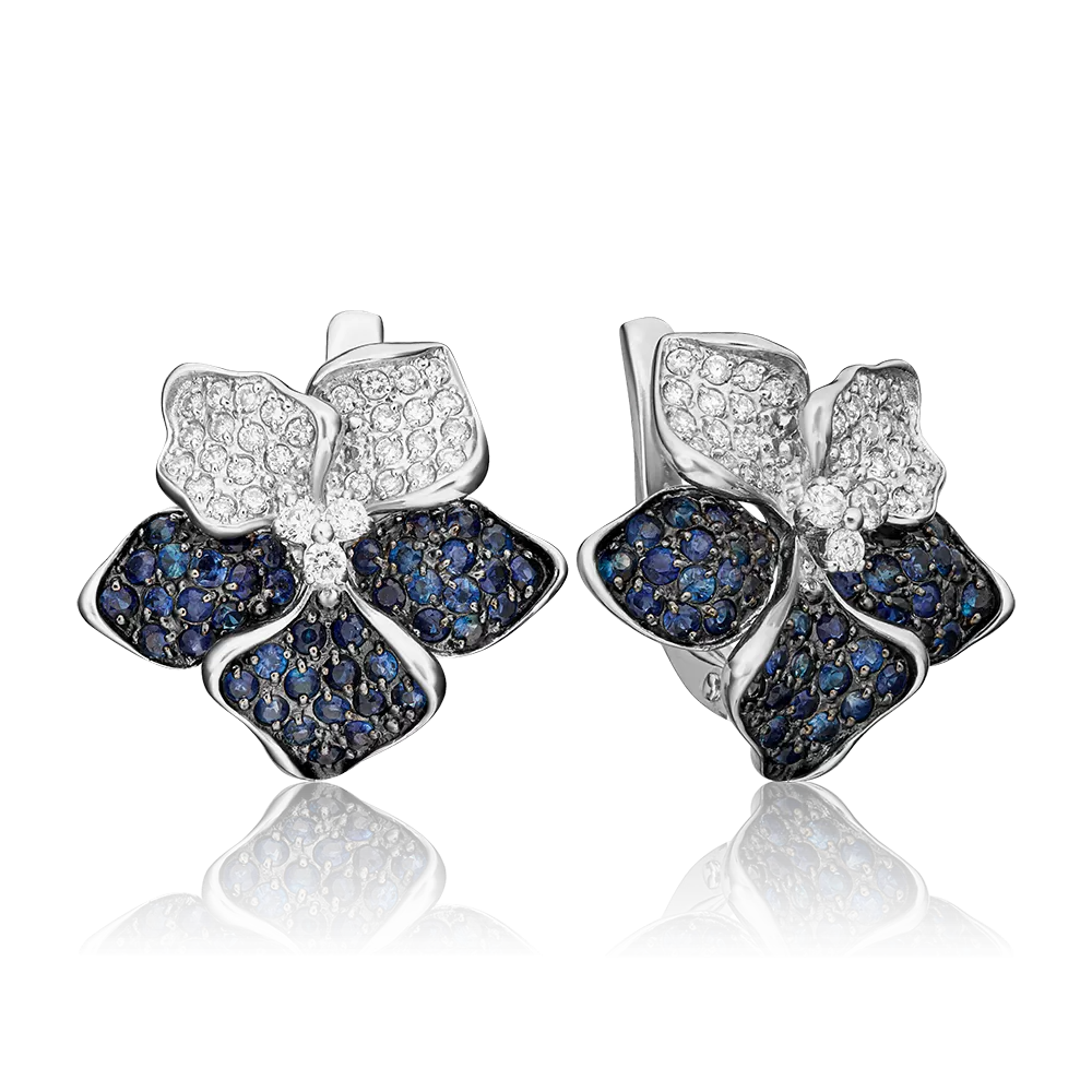 Серьги «Анютины глазки» с английским замком из белого золота с бриллиантами и сапфирами 02-0784-00-105-1120-30
