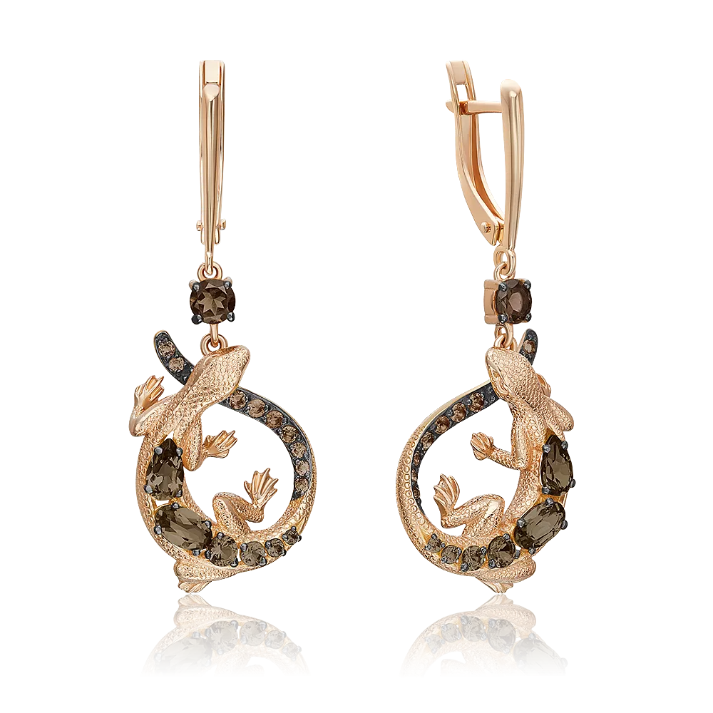 Серьги «Ящерицы» с английским замком из красного золота с кварцем дымчатым 02-5288-00-202-1110