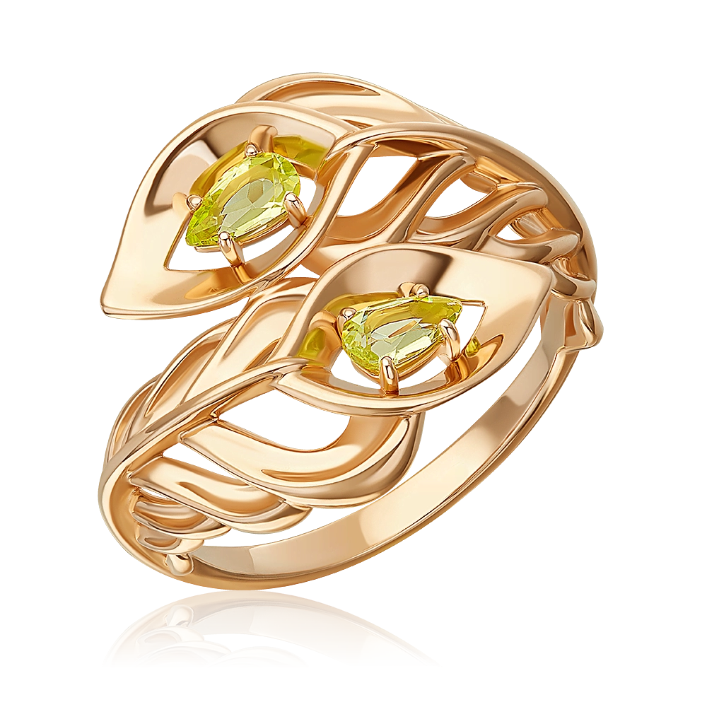 Кольцо «Перо сказочной птицы» из красного золота с хризолитами 01-5927-00-205-1110