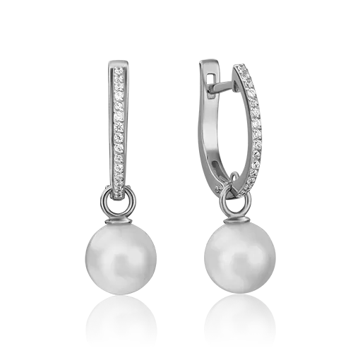 Серьги с английским замком из белого золота с жемчугом культивированным и фианитами 02-4471-00-302-1120-31