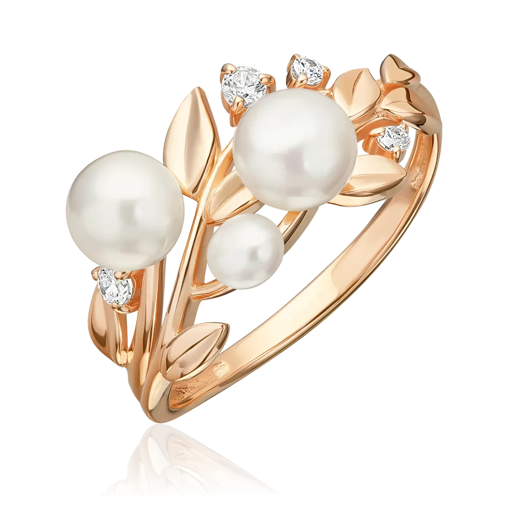 Кольцо «Снежные ягоды» из красного золота с жемчугом культивированным и фианитами 01-5966-00-302-1110