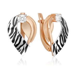 Серьги с принтом «Зебра» из комбинированного золота с фианитом и эмалью 02-5193-00-401-1111