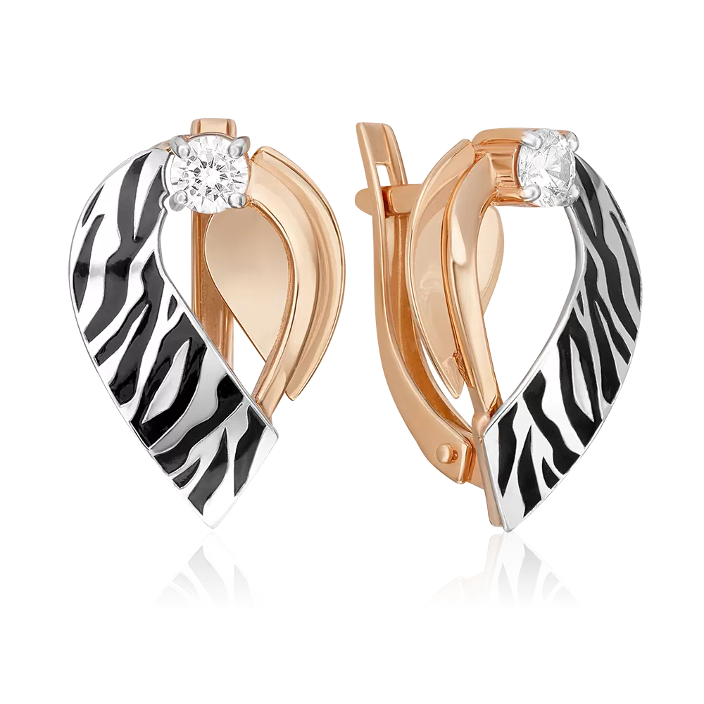 Серьги с принтом «Зебра» из комбинированного золота с фианитом и эмалью 02-5193-00-401-1111