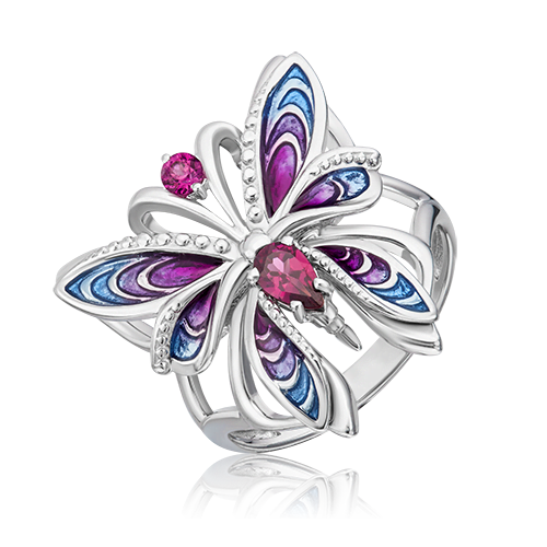 Кольцо «Бабочка Махаон» из серебра с гранатами и эмалью 01-5484-00-204-0200-69