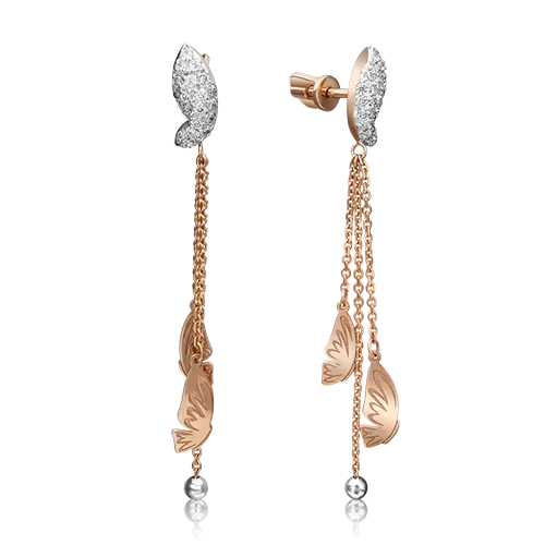 Серьги-пусеты «Бабочки» из комбинированного золота с фианитами 02-4314-00-401-1111-65