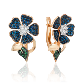 Серьги «Синие цветы» с английским замком из красного золота с фианитами 02-3514-00-404-1110-33