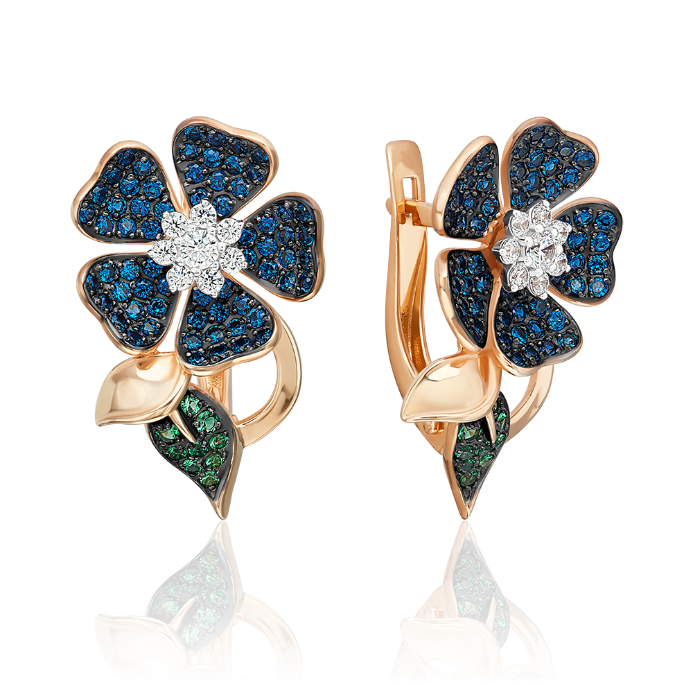 Серьги «Синие цветы» с английским замком из красного золота с фианитами 02-3514-00-404-1110-33