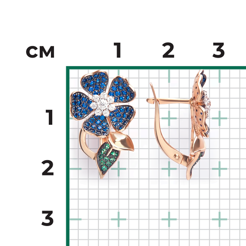 Серьги «Синие цветы» с английским замком из красного золота с фианитами 02-3514-00-404-1110-33