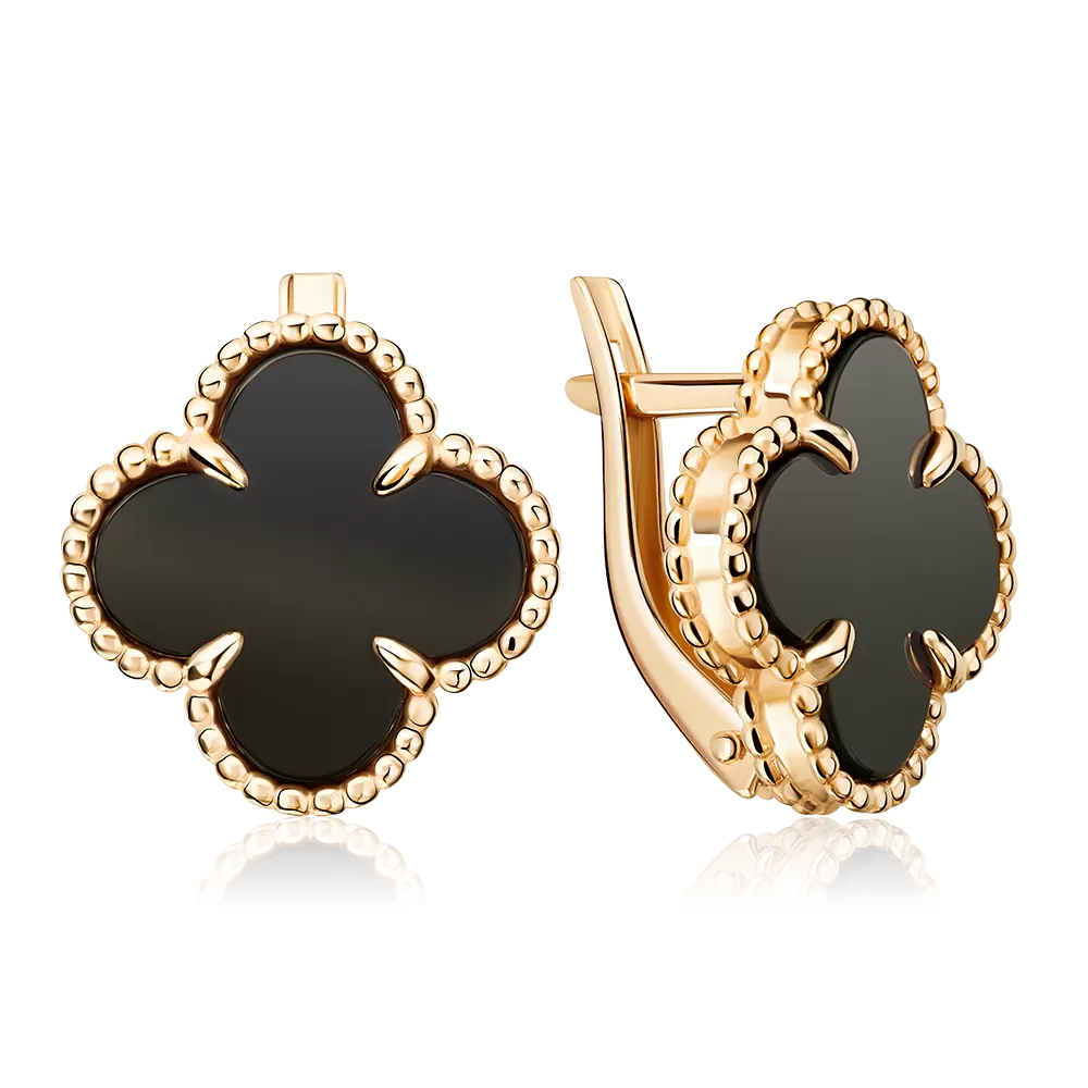 Серьги «Клевер» с английским замком из красного золота с ониксом 02-5524-00-281-1110