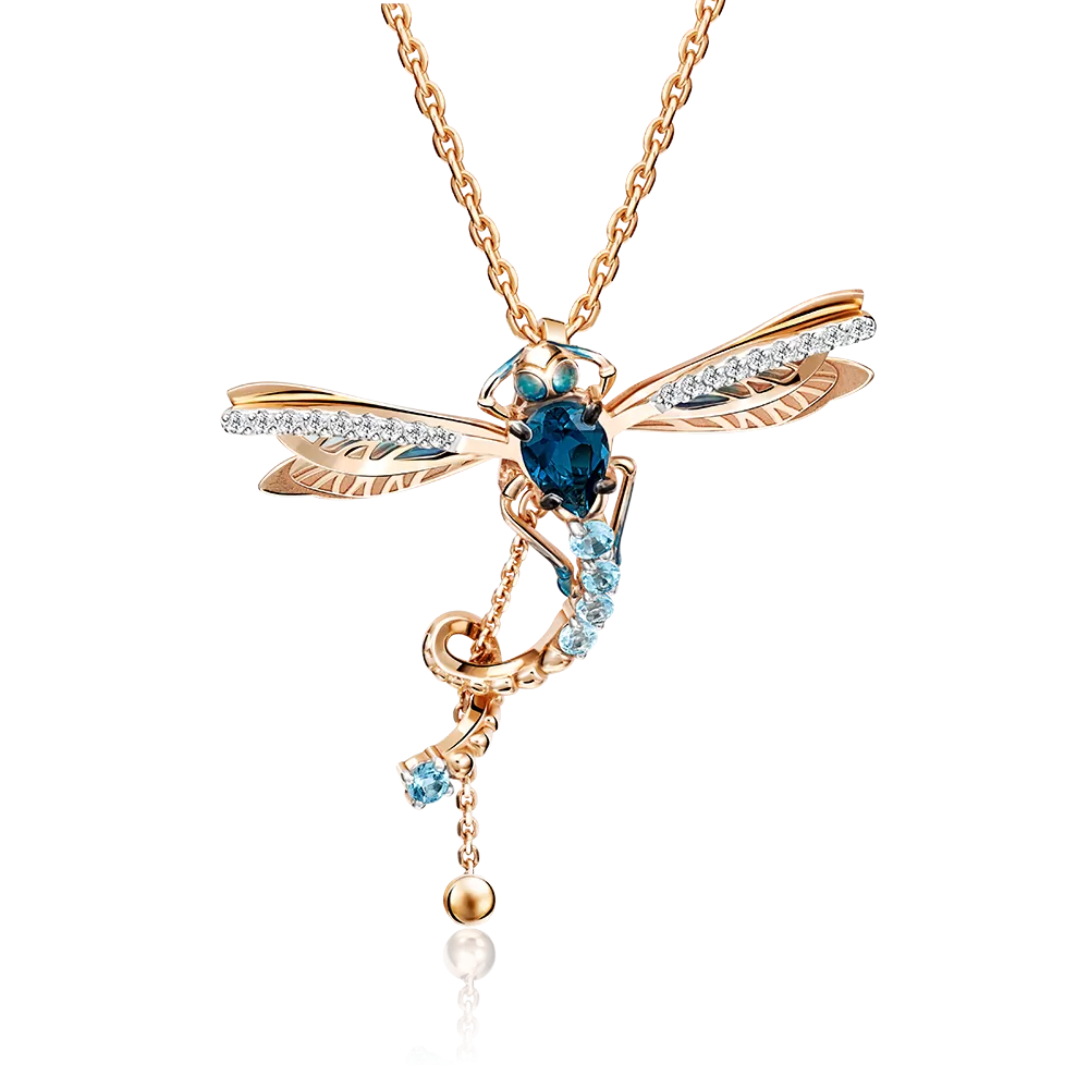 Подвеска «Стрекоза» из красного золота с топазами, натуральными топазами white и эмалью 03-3071-00-201-1110-57