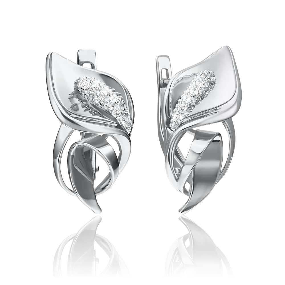 Серьги «Каллы» с английским замком из белого золота с фианитами 02-4280-00-401-1120-23