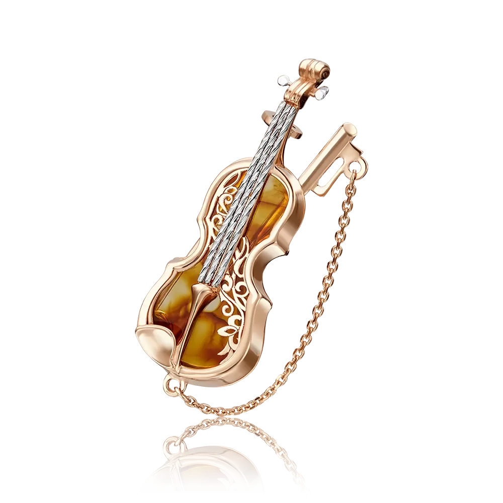 Брошь «Скрипка» из красного золота с янтарём 04-0208-00-271-1110-58