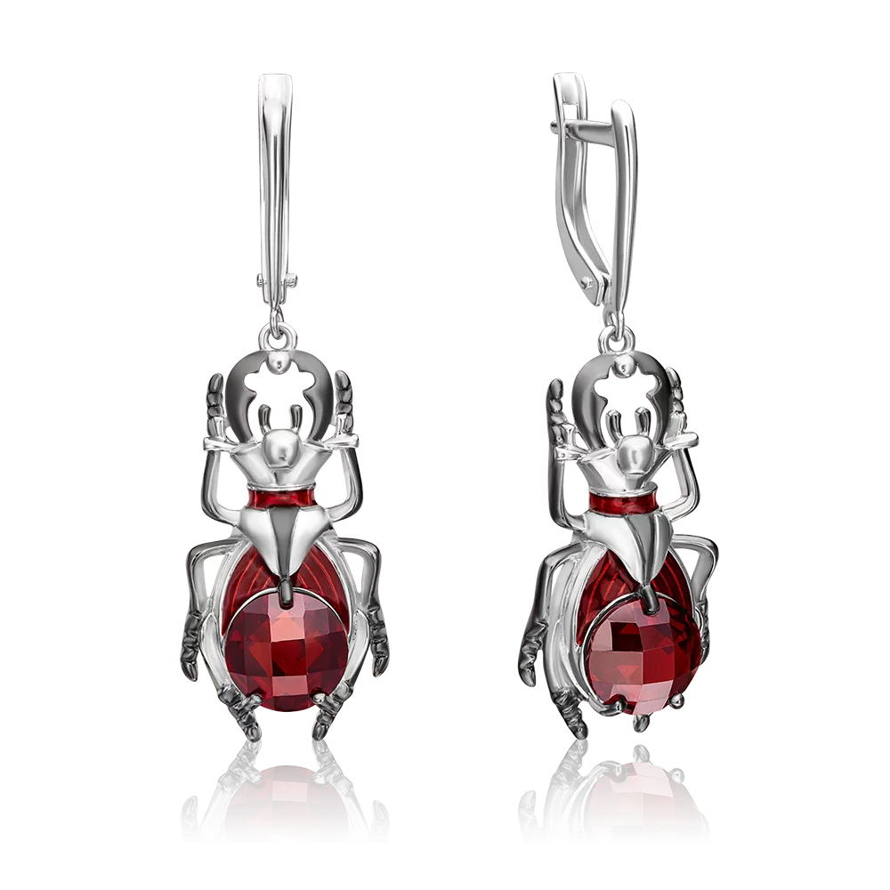 Серьги «Жуки» с английским замком из серебра с фианитом и эмалью 02-4784-00-404-0200-68