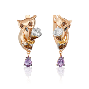 Серьги «Мудрость жизни» с английским замком из комбинированного золота с аметистом, кварцем дымчатым и эмалью 02-4874-00-716-1140