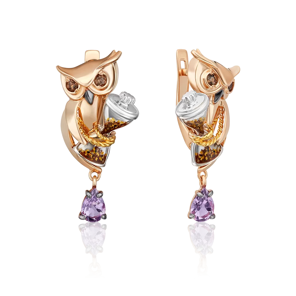Серьги «Мудрость жизни» с английским замком из комбинированного золота с аметистом, кварцем дымчатым и эмалью 02-4874-00-716-1140