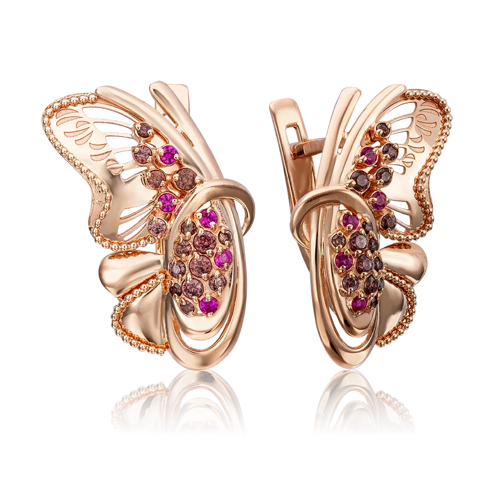 Серьги «Бабочки» с английским замком из красного золота с фианитами 02-3985-01-404-1110-65
