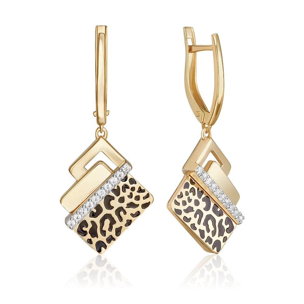Серьги с принтом «Леопард» из лимонного золота с фианитами и эмалью 02-5191-00-401-1130